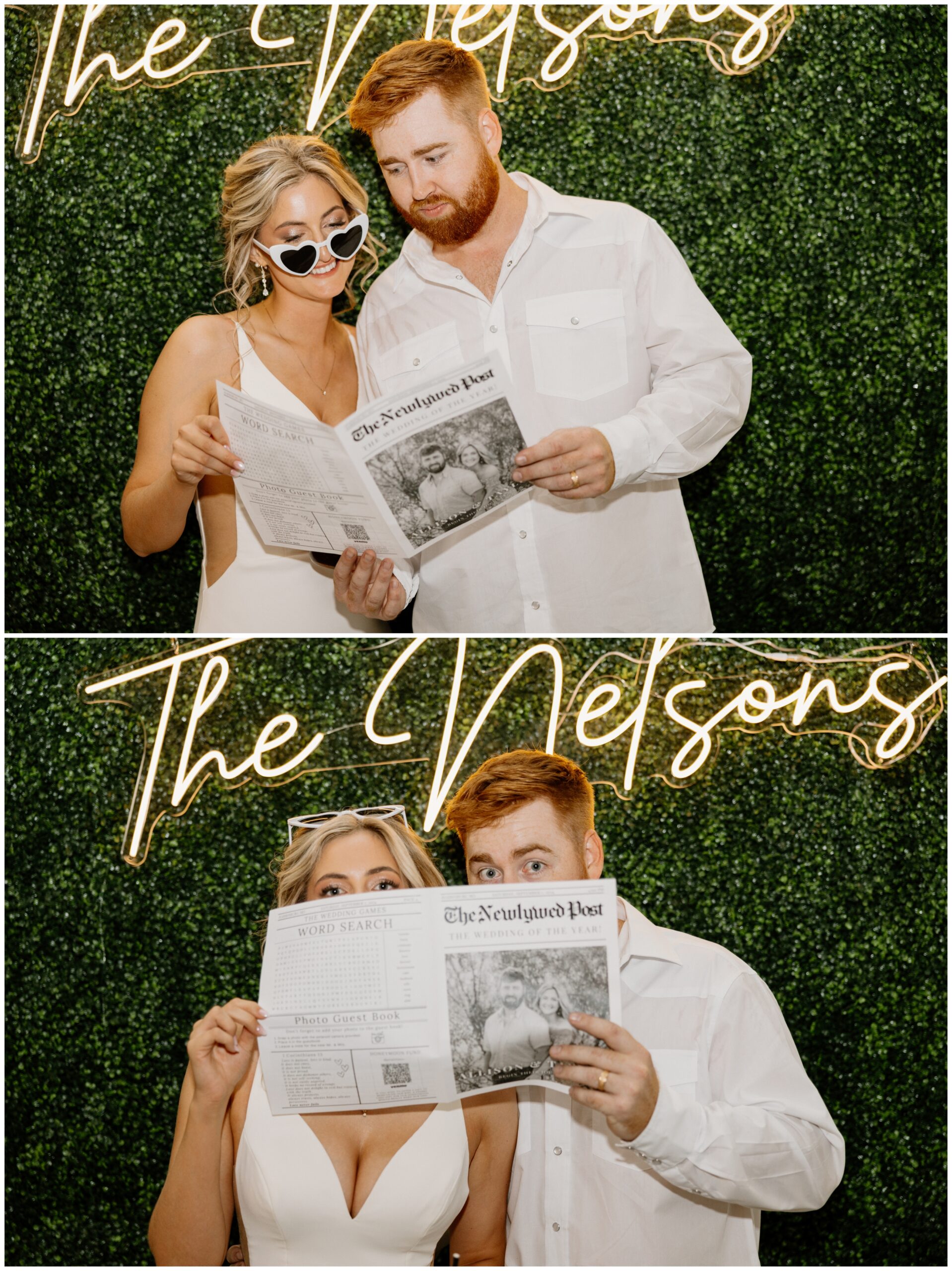 The couple in front of their photo booth station with their neon sign and newspaper.