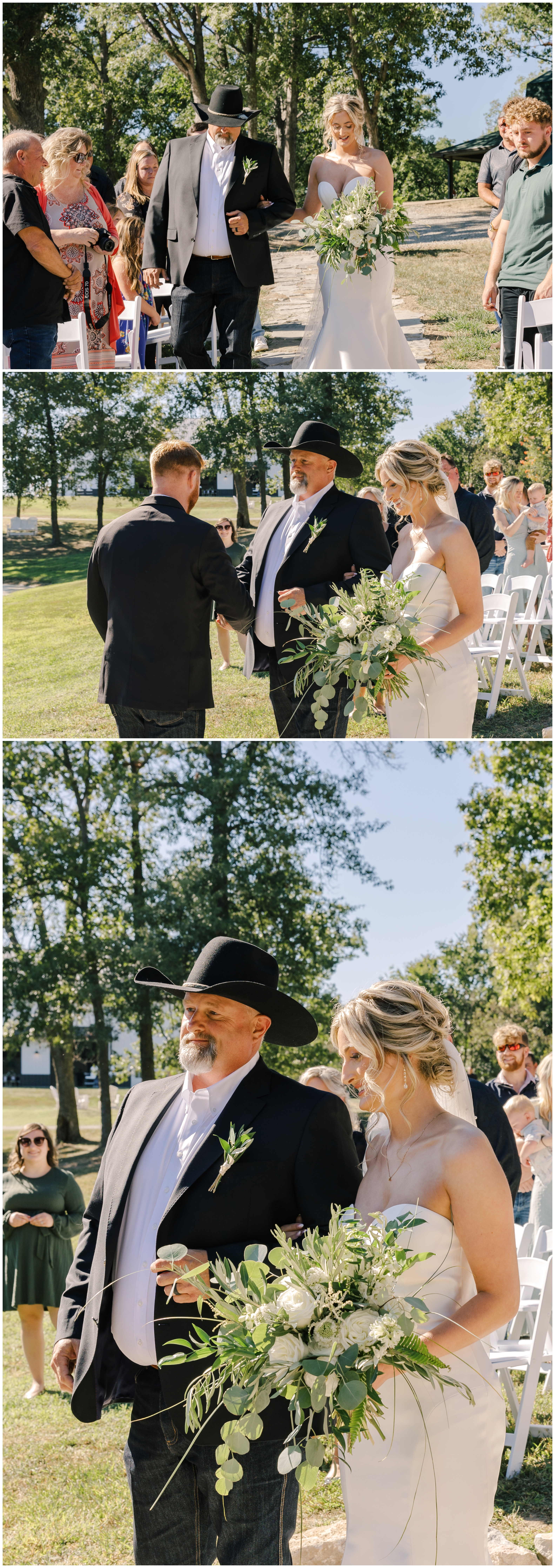 The bride walking down the aisle with her father.