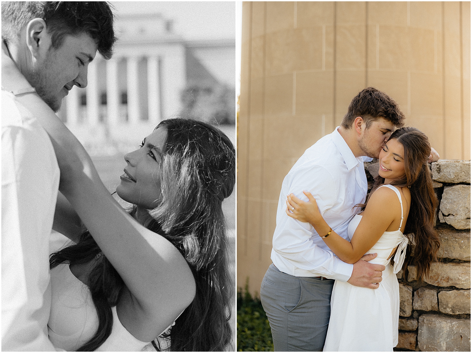 A couple looking at each other in front of a museum