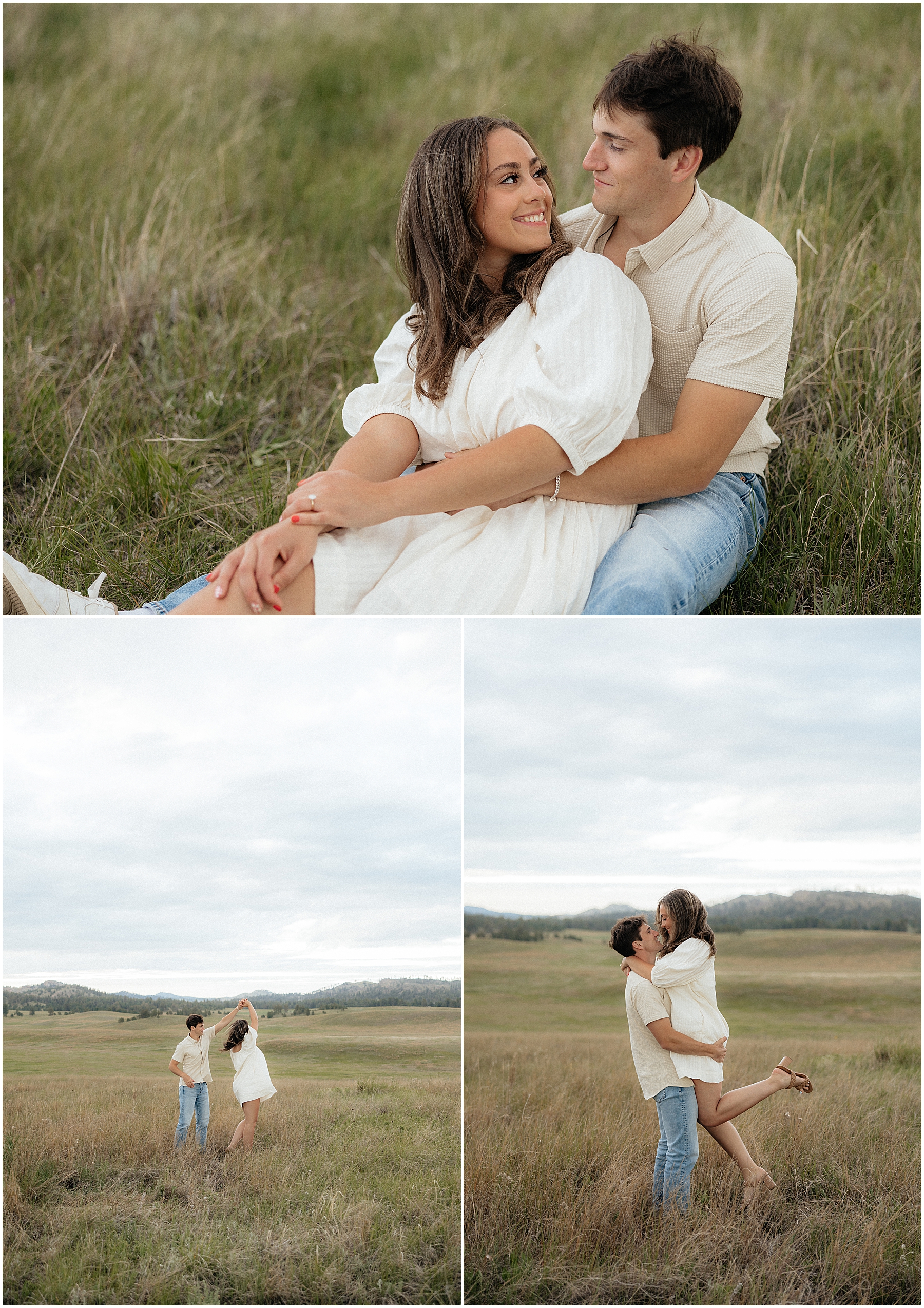 Christian picking up Olivia with a mountainscape behind them.