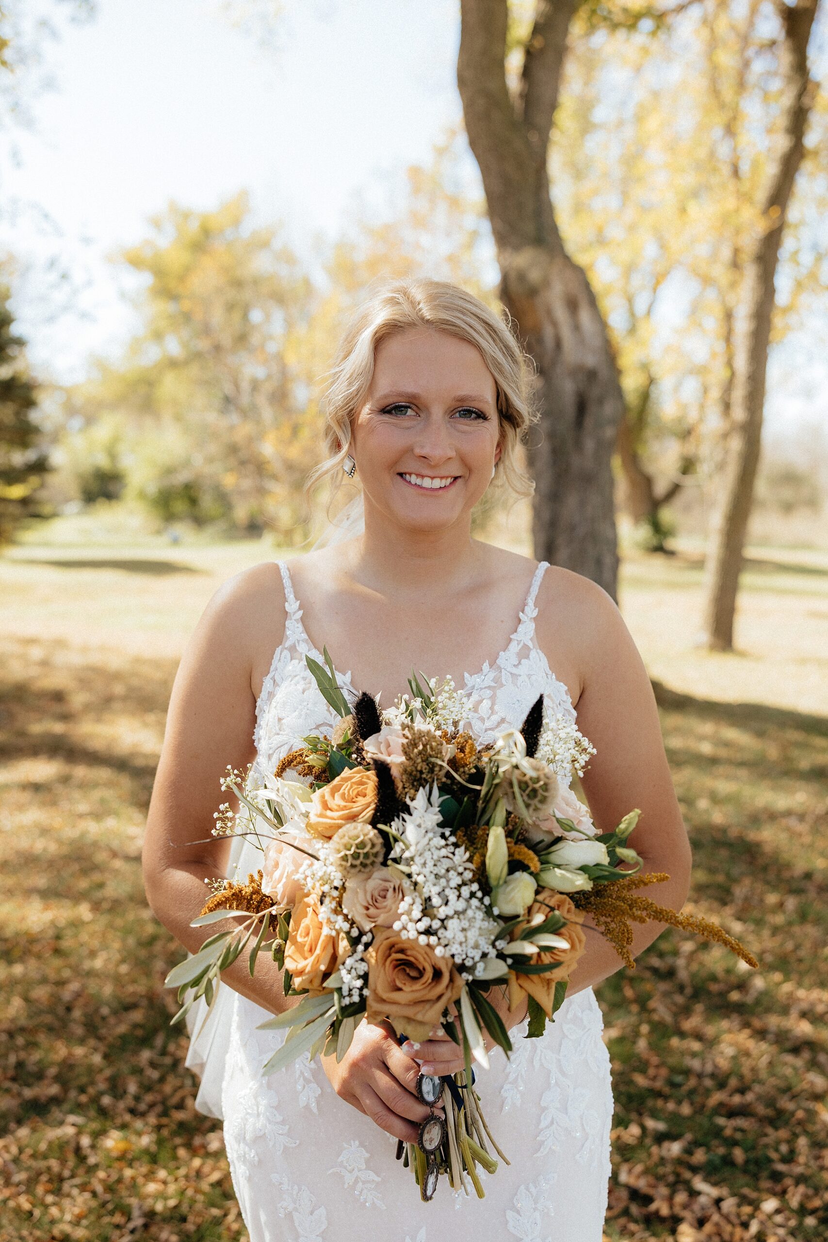 The bride holding her bouquet.