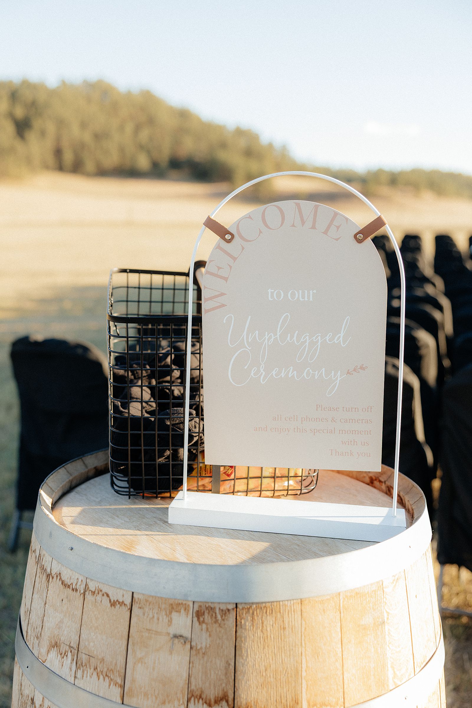 A bohemian unplugged ceremony sign at a wedding.