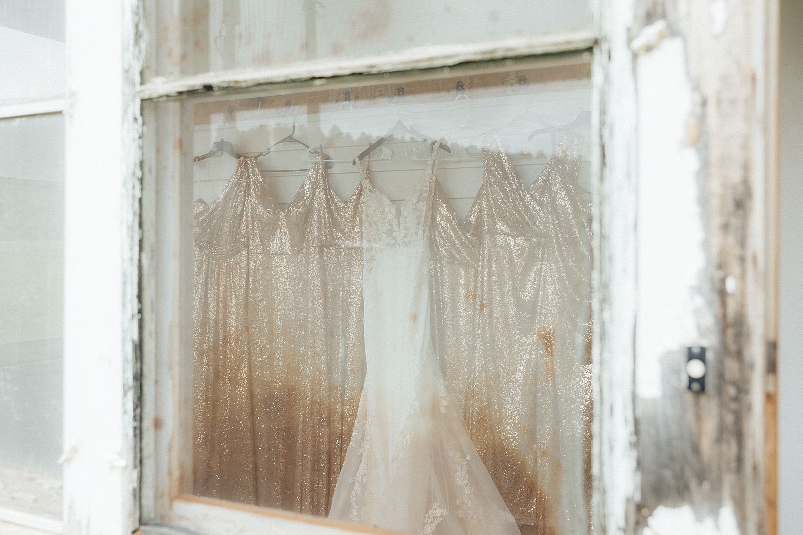 The bride and bridesmaids dresses through the window at Besler's Cadillac Ranch.
