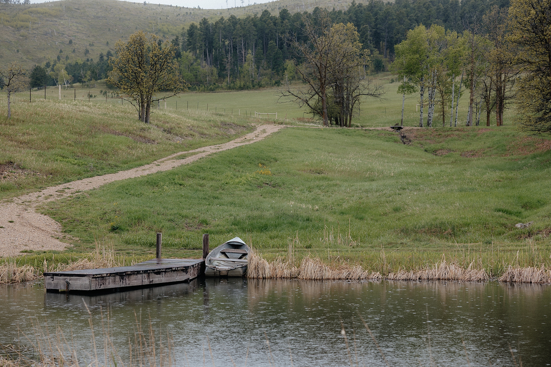 The pond and rowboat at Muley Hill lodge.
